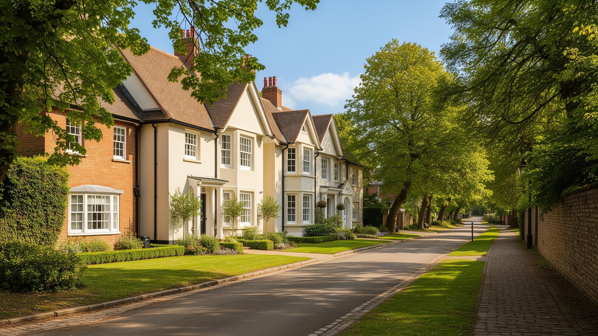 Large detached period homes with rendered facades on a tree-lined lane in Beaconsfield