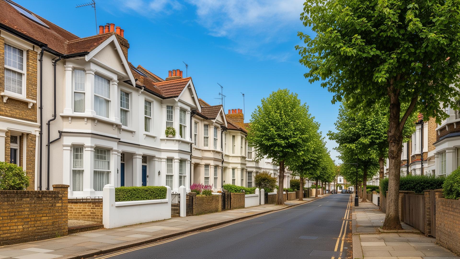 Tree-lined residential street in Brentford West London with rendered Victorian houses