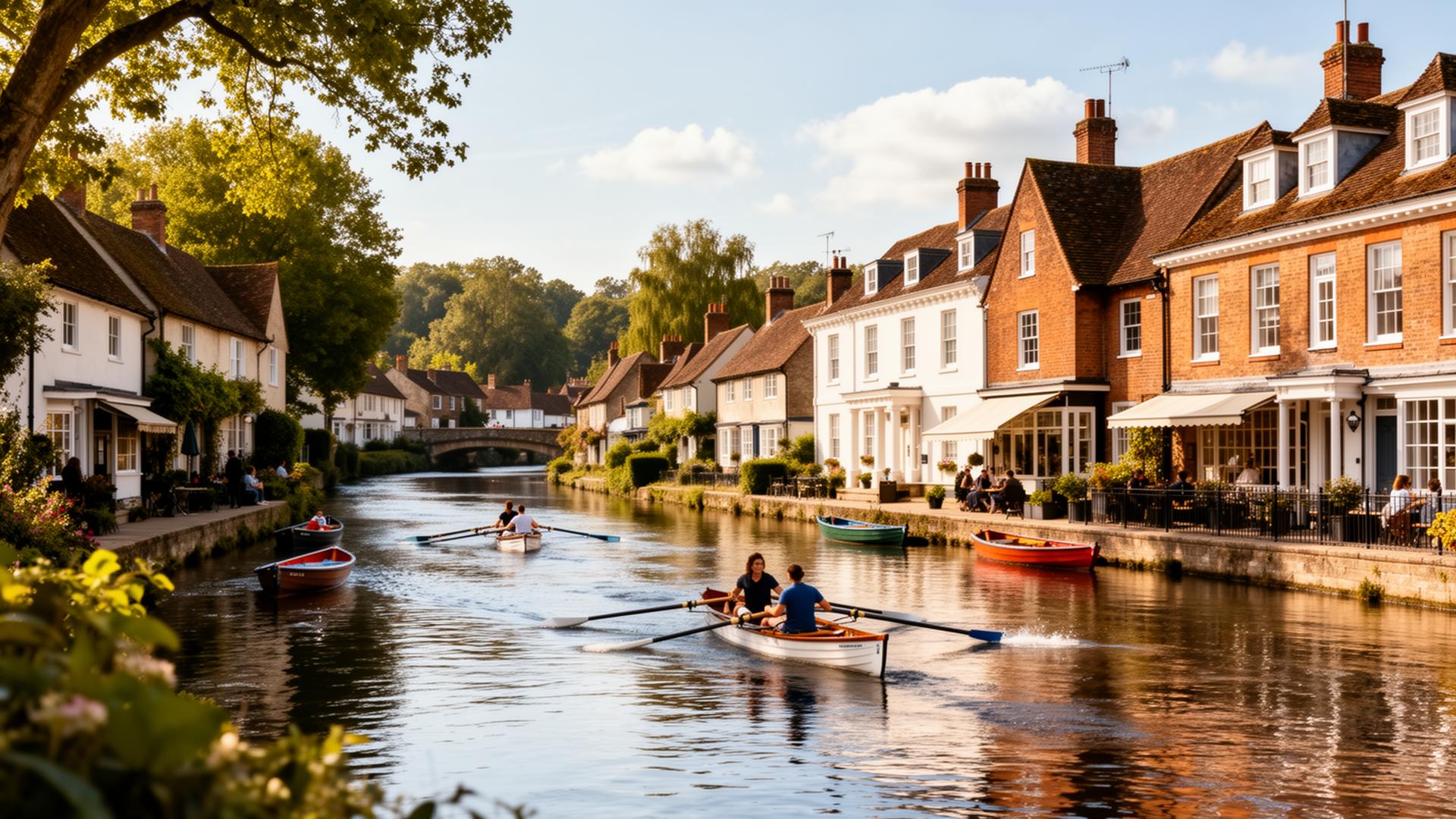 Charming period cottages along the River Thames in Henley-on-Thames with rowing boats