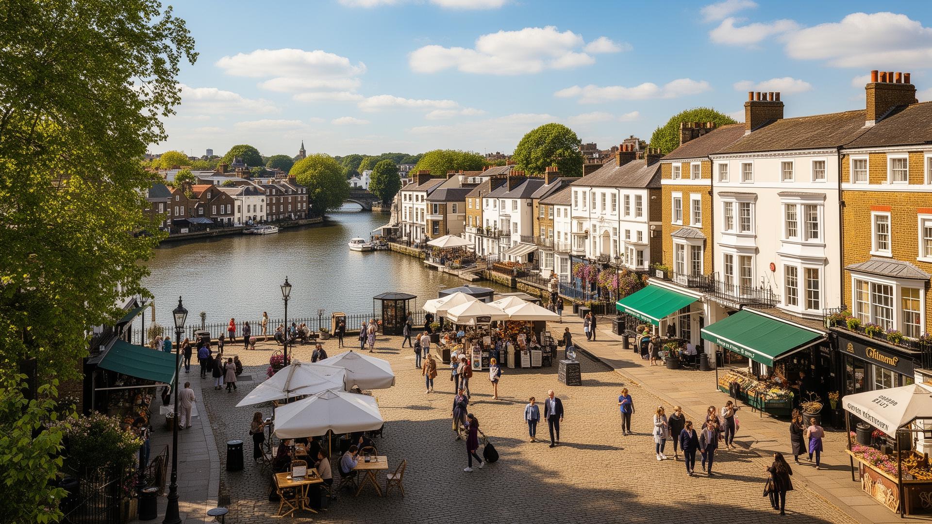 Kingston upon Thames riverside with Georgian townhouses and market area