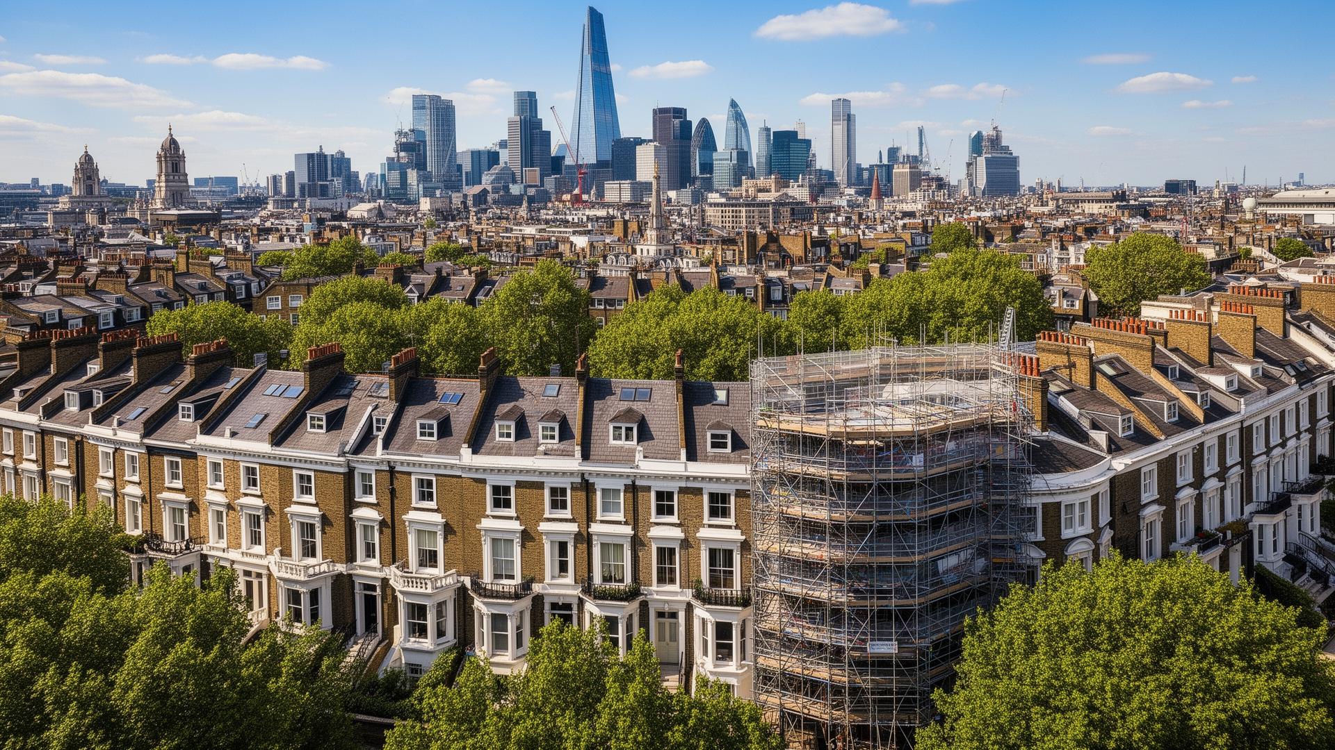 Aerial view of London residential properties with scaffolding for plastering work