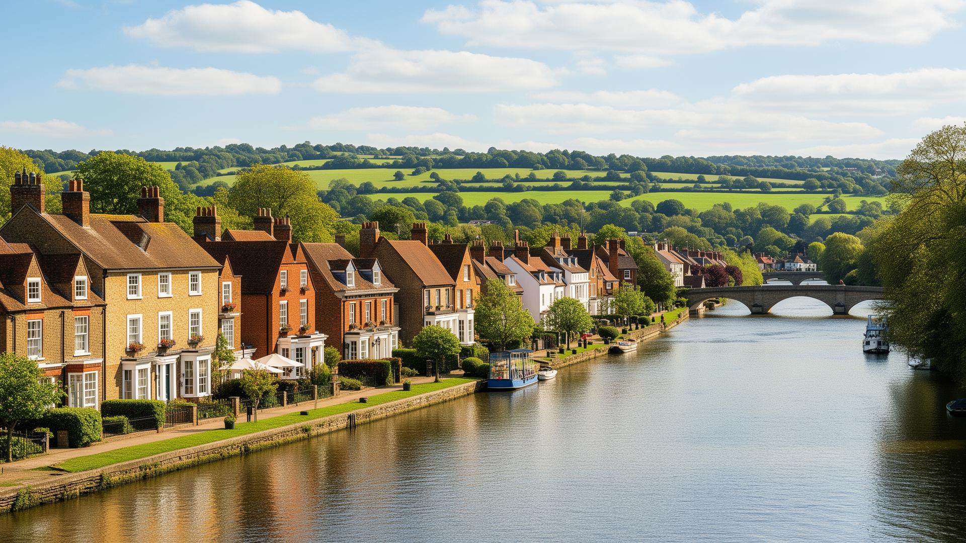 Period homes along the River Thames in Marlow Buckinghamshire with bridge in background