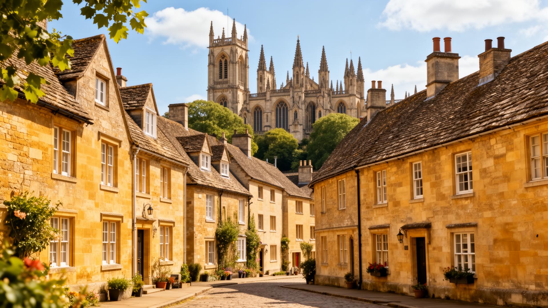 Historic Cotswold stone houses in Oxford with Gothic spires in background